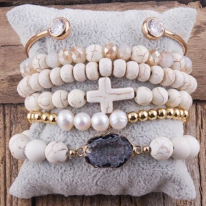 Stack of Six Holiday Stack Stone Cross Pearl Beads Cuff Stretch Bracelet Set - Picture 1 of 5