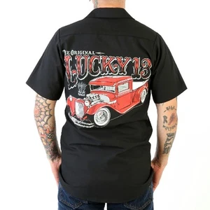 LUCKY 13 FLOORLESS VINTAGE ORIGINAL TRUCK SKELETON BIKER GOTH WORK SHIRT S-4XL - Picture 1 of 3