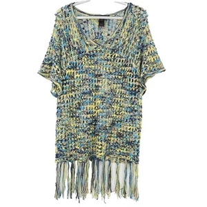 Ali Miles Crochet Fringe Top Blue & Yellow Women’s Size M V-Neck Boho Hippie - Picture 1 of 10