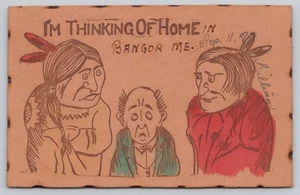 I’m Thinking Of Home In Bangor Maine Comic Native Couple Leather Postcard - Picture 1 of 2