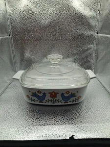 Vintage 1975 Corningware County Festival 1 Quart Auflaufform mit Deckel blauer Vogel - Bild 1 von 3