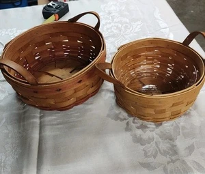 Longaberger Small & Med Round Basket w/ Leather Handles Lot Of 2 Vintage 1995/96 - Picture 1 of 11