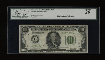 DBR 1928-A $100 DGS FRN Philadelphia Fr. 2151-Cdgs Legacy VF-20 Ser # C00693894A - Image 1 of 2
