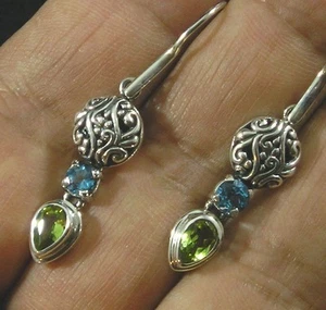 Natural Peridot Sky Blue Topaz .925 Sterling Silver Filigree Earrings Hook - Picture 1 of 3