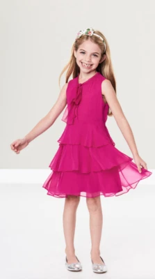 Vestido Oscar De La Renta Niñas con Lazo de Seda y Gasa en Niveles en Fucsia Talla 12 L58006 Foto 1 de 2