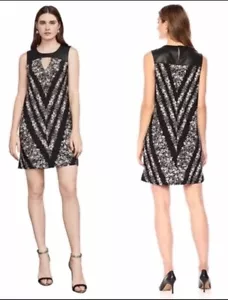 Abito BCBG Maxazria Lane nero floreale ecopelle ritaglio buco della serratura. Taglia XS. Nuovo con etichetta! - Foto 1 di 13