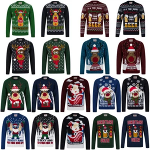 Christmas Jumper Mens Knitted Funny Novelty Xmas Sweater Top Santa Reindeer Beer - Picture 1 of 55
