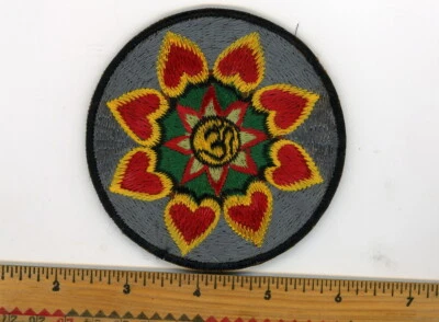 Hand Embroidered Red Heart Lotus & Om Patch Fair Trade Nepal 3" Round - Image 1 of 4