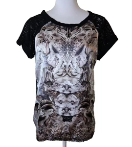 ONE WORLD Lion Rib Silky print lace top shirt blouse M Medium - Picture 1 of 7