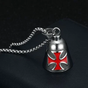 Collar Cruz Maltesa Rojo Negro Campana de la Suerte Motocicleta Acero Inoxidable Hombres - Imagen 1 de 27