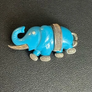 Vintage Blue Elephant Brooch Pin w/ Rhinestone Eye Made of Resin - Picture 1 of 7