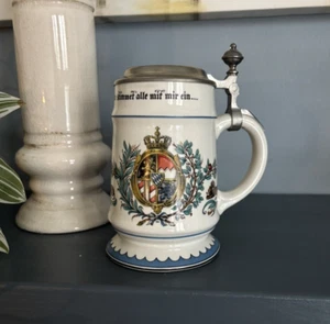 Vintage German Beer Stein Bavarian Quote and Code of Arms Pewter Lid Oktoberfest - Picture 1 of 6