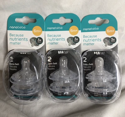 NANOBEBE 6m+ Extra Soft Clear Silicone Nipples Fast Flow  3 -2 Pcks NEW 6 TOTAL - Image 1 of 4