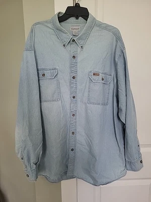 Camisa de trabalho masculina vintage Carhartt desgastada desbotada com botões cambraia denim 3XL - Imagem 1 de 4