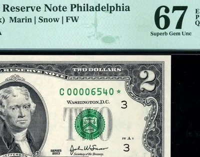 2003* $2 Philadelphia STAR Federal Reserve Note 1937-C* LOW Serial • PMG 67 EPQ - Image 1 of 3