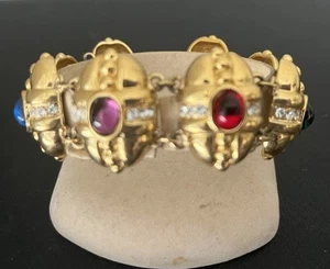 Vintage Goldton Multicolor Glas Cabochon und Kristall Gold Kette Armband 8" - Bild 1 von 11