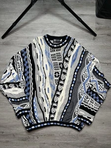 Vintage Men’s Tundra Coogi Style 3D Knit Sweater 90s XL Black White Blue - Picture 1 of 9
