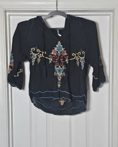 Free People Embroidered Hooded Blouse Size XS Black Boho Cotton - Picture 1 of 4
