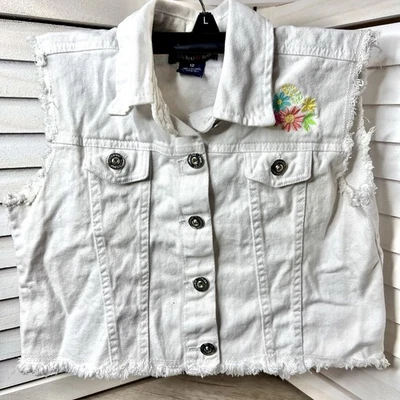 Colete jeans branco Limited Too Girls tamanho 12 bordado floral desgastado 100% algodão - Imagem 1 de 4