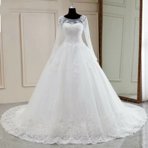UK White/ivory Long Sleeve Beaded Bridal Lace A Line Wedding Dresses Size 6-22 - Picture 1 of 4