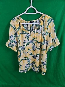 Tacera Women's Size XL Blouse LEMONS Pullover Ruffled Short Sleeve Tie Neck, - Picture 1 of 8