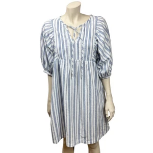 Vestido campesino a rayas azul pequeño hilo universal para mujer manga abullonada de algodón - Imagen 1 de 7