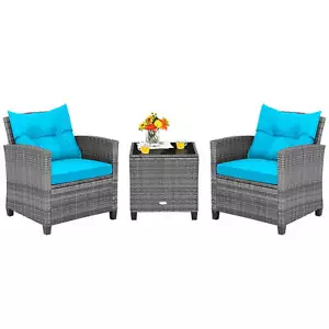 3PCS Patio Rattan Furniture Bistro Set Cushioned Sofas Side Table Armrest - Picture 1 of 10