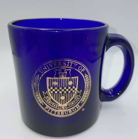 Vintage PITT University of Pittsburgh PA Cobalt Blue Glass Coffee Mug Cup w/gold Cover