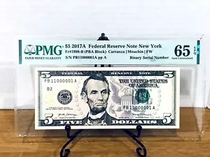 2107-A $5 FRN PMG 65EPQ Fancy TRUE 0/1 BINARY Serial #PB11000001A - Picture 1 of 2