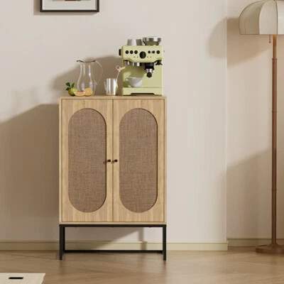 Wooden Storage Cupboard Bookcase Filing Cabinet With 2 Doors Rattan Home Office - Image 1 of 4