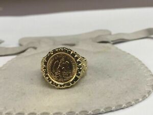 MEXICAN DOS PESOS Coin Men's Ring 14K Yellow Gold Finish Lab Created Diamonds