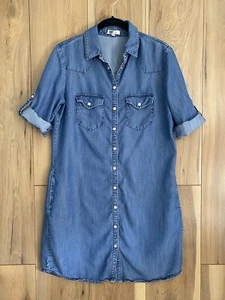 Kut From the Kloth Chambray Pearl Snap Western Tunic Dress Sz Small Roll Tab - Picture 1 of 9