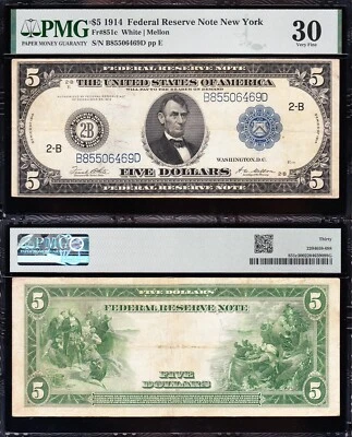 AWESOME Crisp Choice VF++ 1914 $5 "TYPE C" New York FRN Note! PMG 30! 06469D - Image 1 of 3