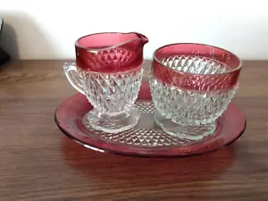 Indiana Glass Diamond Point Ruby Flash 3 Pc Set Sugar Bowl, Creamer & Tray - Picture 1 of 5