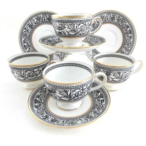 WEDGWOOD FLORENTINE BLACK DRAGONS FOUR CUPS AND SAUCERS BLACK AND WHITE CHINA - Picture 1 of 8