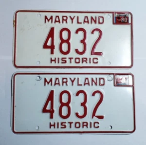 1980 Maryland Historical Nummernschild passendes Paar # 4832 - Bild 1 von 5