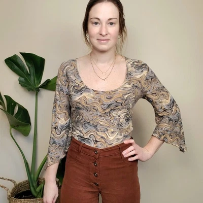 Vintage 90s Y2K Tan Gray Trippy Swirl Print Bell Sleeve Blouse Womens Small - Image 1 of 4