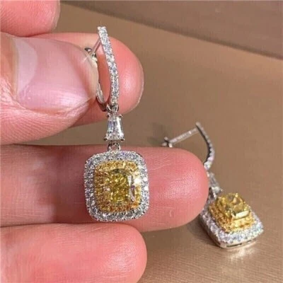 2.30Ct Cushion Lab-Created Citrine Drop Dangle Earring 14K White Gold Plated - Image 1 of 4