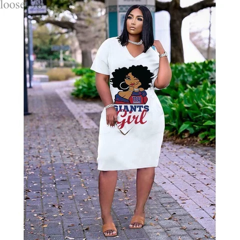 New York Giants Womens Summer Casual Dress V-neck Loose Dress Short Sleeve Dress Cover