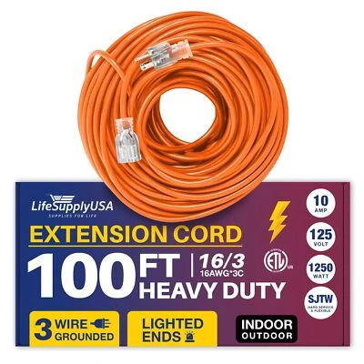 LIFESUPPLYUSA 100ft Power Outdoor Extension Cord & Indoor - Waterproof Electric Drop Cord