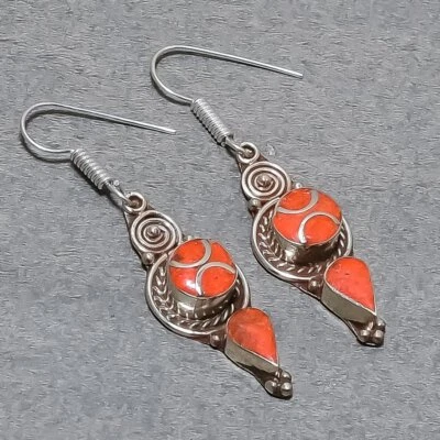 Red Coral Handmade Bohemian Fashion Ethnic Jewelry Nepali Earrings 2.4" SR 5341 - Image 1 of 4