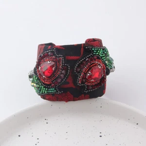 Wine & Black Floral Fabric Covered Cuff Bracelet w Rhinestones & Seed Beads - Picture 1 of 4