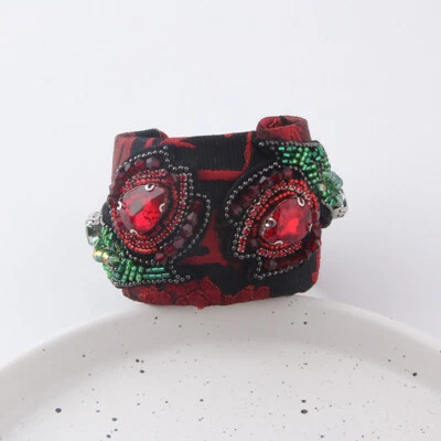 Wine & Black Floral Fabric Covered Cuff Bracelet w Rhinestones & Seed Beads Foto 1 de 4