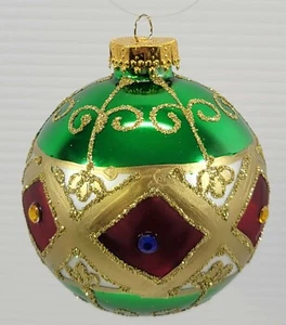 MM) Vintage Green Gold Glass Christmas Tree Holiday Ball Ornament 3.5" - Picture 1 of 6