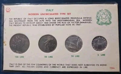 Italy  4-Coin Type Set 5, 10, 50,& 100 Lire Coins 1954, 56,64,65 (#20096) - Image 1 of 2
