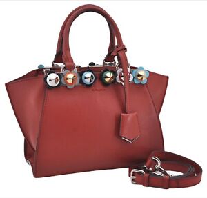 Authentic FENDI Petite 3JOURS Studs 2Way Shoulder Hand Bag Leather Red 5984E