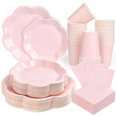 Juego de vajilla y servilletas de papel rosa claro 250 piezas, decoración de cumpleaños rosa... Foto 1 de 4