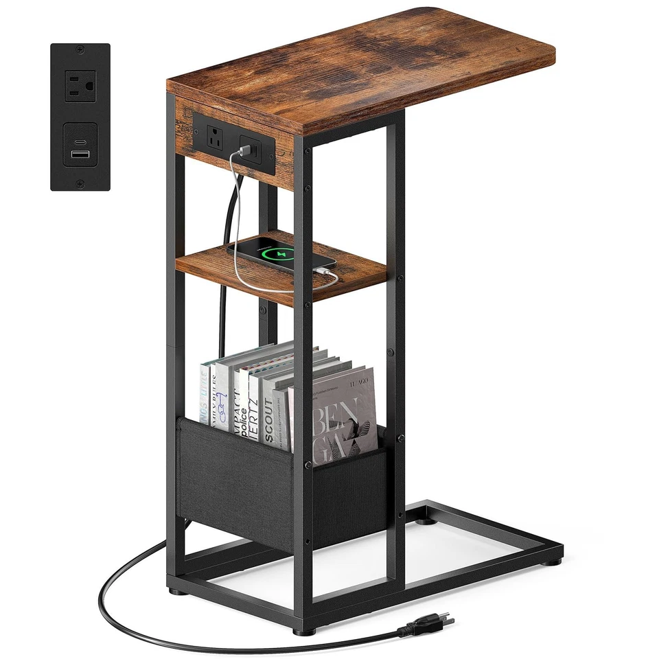 C Shaped End Table with Charging Station,Small Side Table Fo Couch Recliner Sofa - Image 1 of 1