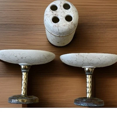 Juego de 3 jaboneras y soporte de pedestal de latón de colección porcelana mármol regencia decoración Foto 1 de 4
