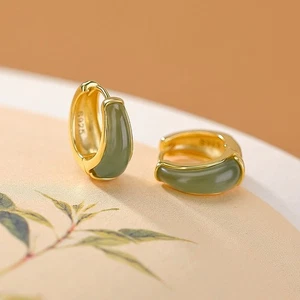 N02 Orecchini Cerchietti Con Arco Di Verde Giada Placcato Argento Sterling 925 - Foto 1 di 3